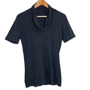 Theory Cowl Neck Short Sleeve Top Solid Black Cotton Spandex Blend Medium